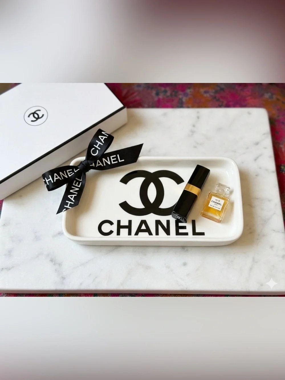 ChaneI White and Black Logo Ceramic Vanity Tray